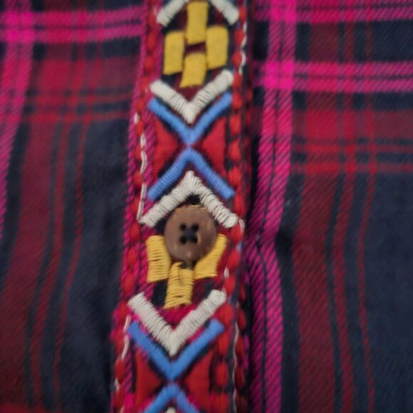 Time For Me Plaid Embroidered Floral Balloon Sleeve V-Neck Blouse Women's Small - Picture 9 of 15